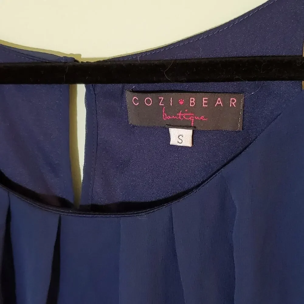 𖦹 Navy Pleated Chiffon Sleeveless Blouse Shell Top Business Casual Small